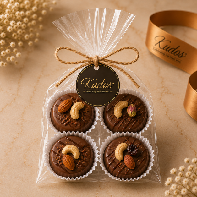 Kudos handcrafted chocolate discs in a transparent gift pack, tied with twine